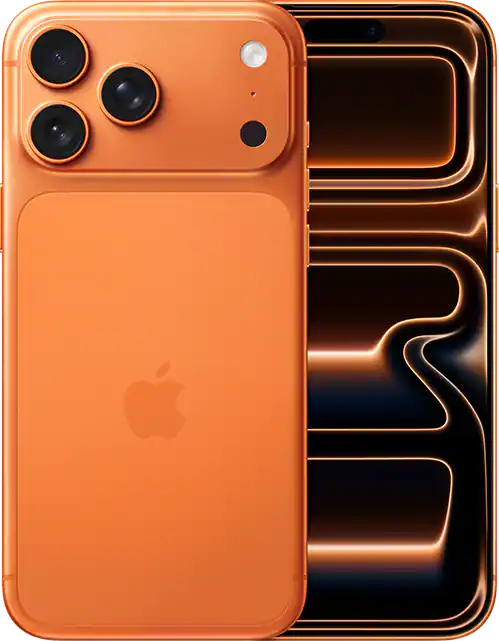 iPhone 17 Pro Max Portocaliu cosmic, vedere față și spate — imagine de prezentare